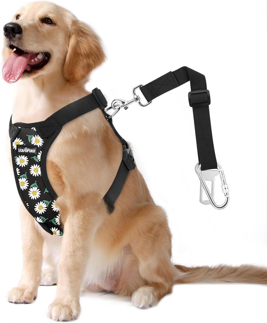 VavoPaw Dog Seat Belt, Safety Vest Dog Car Harness with Adjustable Buckle Dog Seat Belt for Vehicle Nylon Pet Safety Seat Belts Heavy Duty(L, Black Daisy) (L (Chest: 22-32.3", Neck: 16.9-26"))