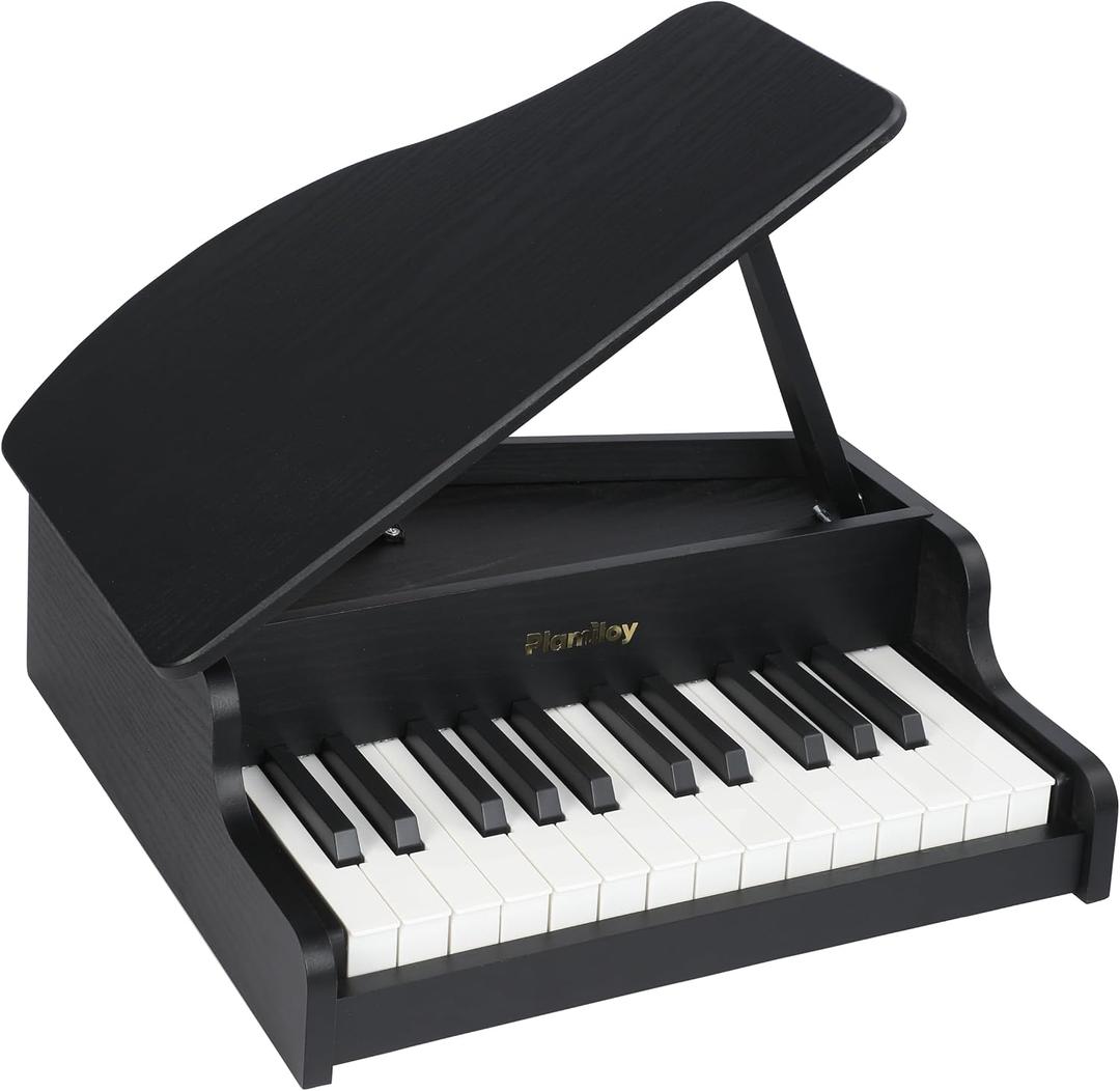 PLAMILOY Kids Grand Piano, 25-Key Wooden Piano for Kids, Digital Toy Piano with Openable Lid, Realistic Musical Instrument for Toddlers and Beginners, Black, Mini
