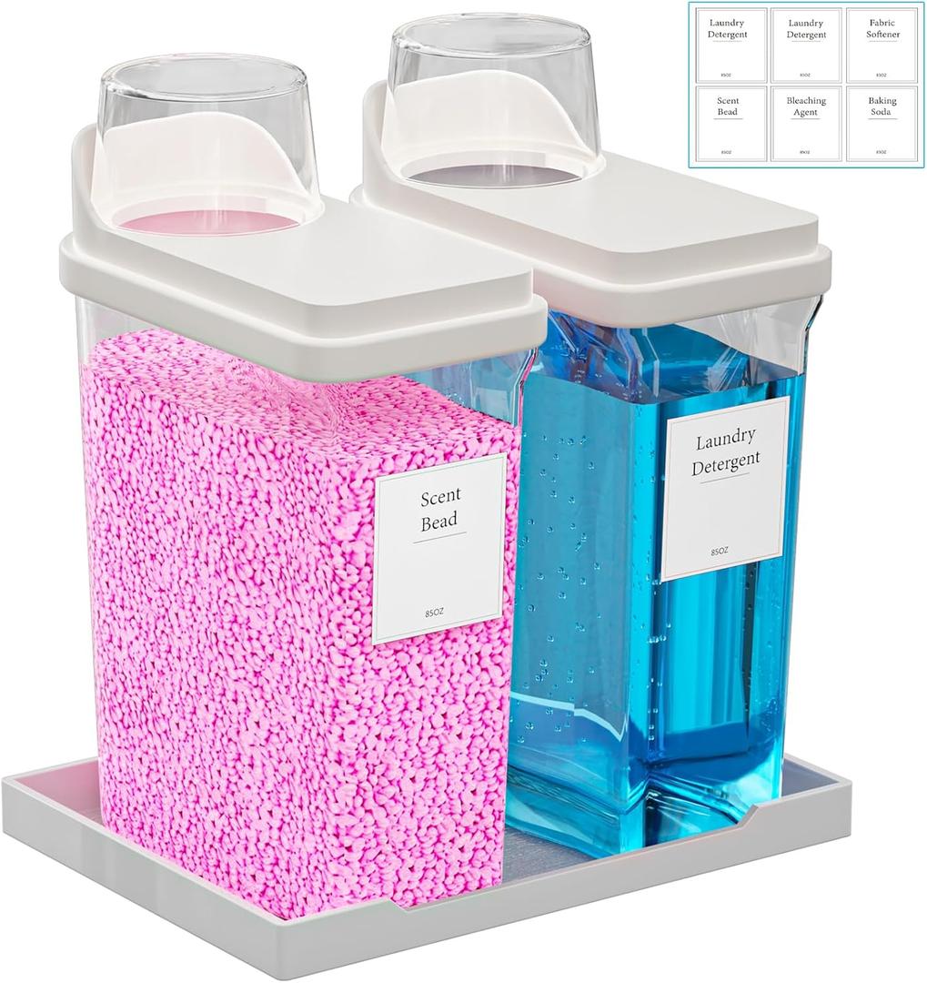 85 OZ Laundry Detergent Dispenser, 2 Pack Liquid Laundry Detergent Powder Dispenser, Plastic Fabric Softener Dispenser for Laundry Room with Labels Tray, Clear