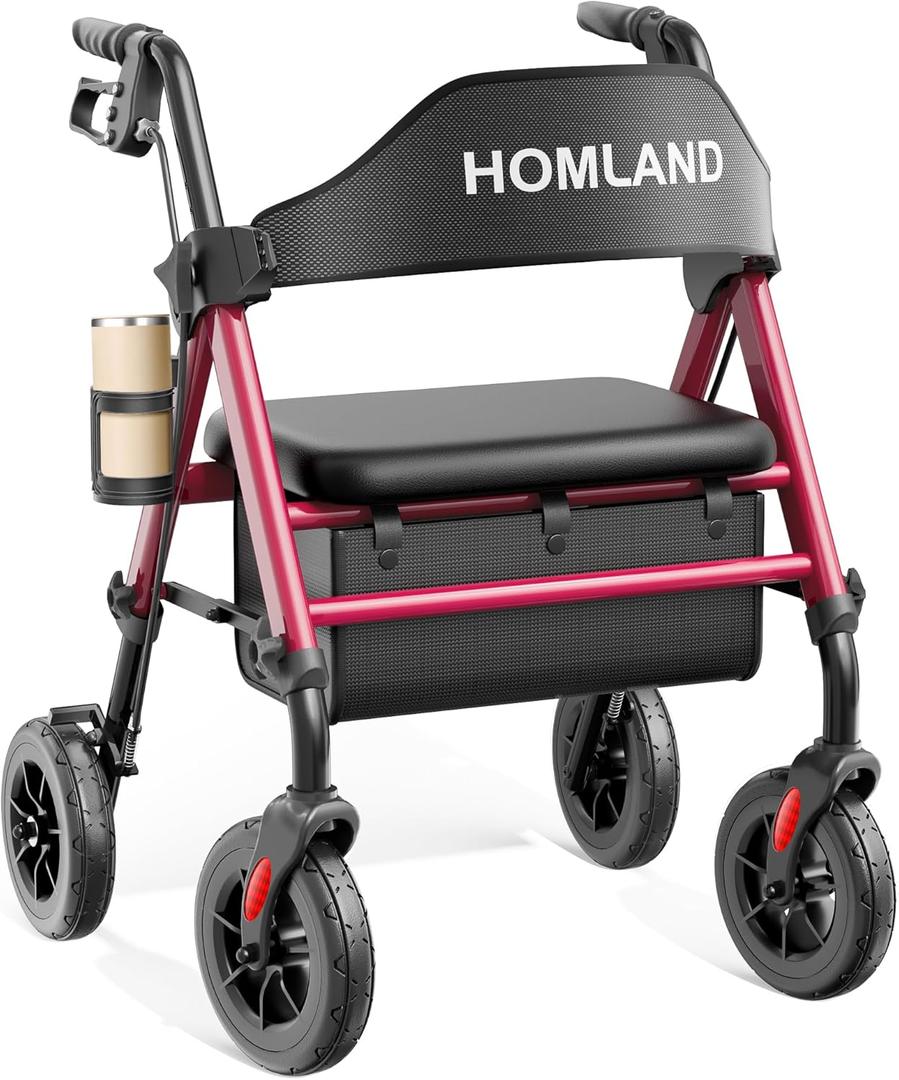 HOMLAND Walkers for Seniors with Seat, Foldable Rollator Walker, Reinforced Aluminum Frame, 8" Big Rubber Wheels for All Terrain, Height Adjustable Lightweight Rolling Walker (Standard, Red)