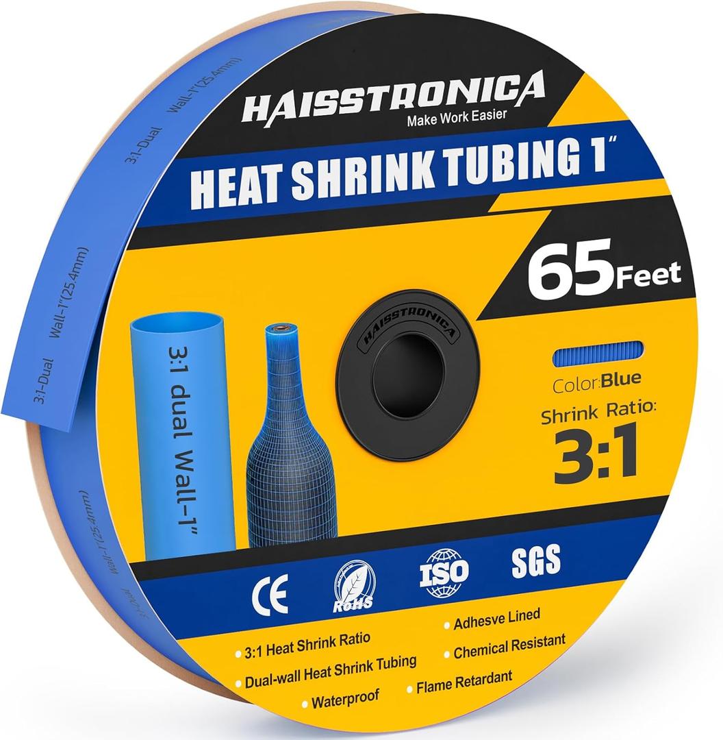 haisstronica 3:1 Heat Shrink Tubing, Shrink Ratio Adhesive Lined Marine Grade Heat Shrink Tube for Home, Automotive and Industrial (Blue) 65FT 1inch