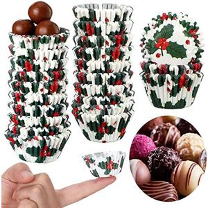 Funtery 600 Pcs Christmas Cupcake Liners Mini Muffin Liners Paper Candy Cups 1.3 Inch Holly Print Baking Cups Small Xmas Cupcake Wrappers for Baking Truffles Chocolates Making(Holly)