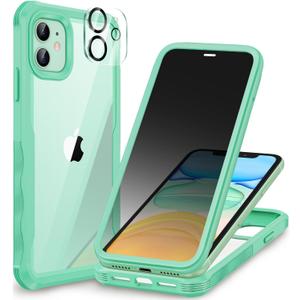 CENHUFO Privacy for iPhone 11 Case, Full Body Phone Case with Built-in 9H Tempered Glass Privacy Screen Protector and Camera Lens Protector, Anti Peep Spy Shockproof Bumper Clear Cover - Green