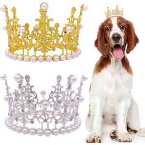 PET SHOW 2pcs Large Dog Crown Headband Sheep Big Pet Hat for Birthday Party Silver Gold Rhinestone Faux Pearl Crown for Boy Girl Wedding Hair Accessories Photo Prop Costume