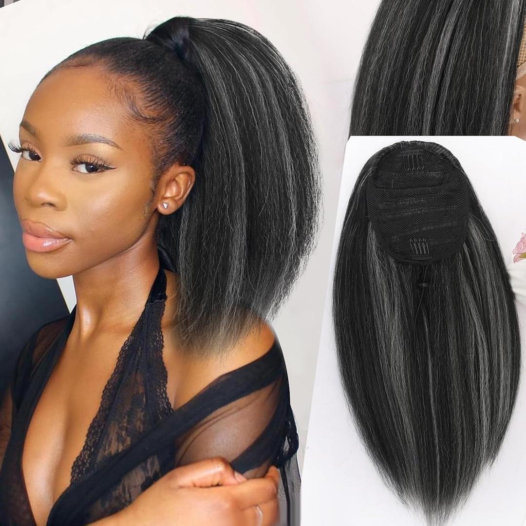 LEOSA Highlighted Ponytail Extension Yaki Drawstring Ponytails for Black Women Short Kinky Straight Ponytail Black Mixed Gray Hair Pieces Natural 4c Clip on Pony tails Hair Extensions (14 Inch (Pack of 1))