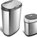 NINESTARS CB-DZT-50-13/12-9 Automatic Touchless Infrared Motion Sensor Trash Can Combo Set, 13 Gal 50L & 3 Gal 12L, Stainless Steel Base (Oval, Silver/Black Lid) (13 Gal & 3 Gal Combo)