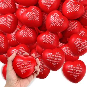 Meooeck 48 Pcs Christian Heart Stress Balls Bulk John 3:16 Bible Verse Squeeze Toys Religious Gifts for Church Sunday School Baptism Communion Encouragement (Red)
