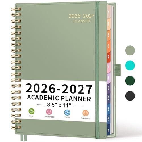RETTACY Academic Planner 2026-2027, Weekly and Monthly, Large Size (8.5" x 11"), July 2026 - June 2027, for Women, Teacher, Student, School, 12-Month Tabs, Flexible Plastic Cover (Light Green)