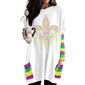 Mardi Gras Shirt Women Mardi Gras Carnival Long Sleeve Shirts New Orleans Party Blouse with Pockets, Medium 
