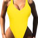 Foxiny Sexy Backless Cheeky High Cut Leg Thong V Neck One Piece Swimsuit (Yellow, M)