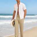 Mens Linenl Pants Casual Loose Straight Elastic Suit Waist Drawstring Trousers Lightweight Beach Vacation Pants (Beige, L)