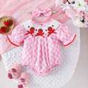 Baby Girl Clothes Smocked Romper Newborn Plaid Short Sleeve Bubble Bodysuit + Bow Headband Summer Outfits 12-18 Months
