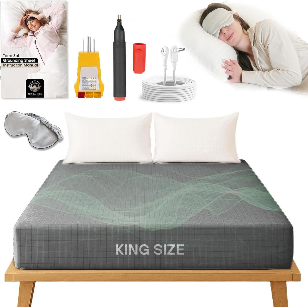 Terra Sol Bare Earth Grounding Sheets King Size - 88% Organic Cotton + 12% Silver Fiber Earthing Sheets - Complete Sleep Bundle with 15ft Cord, Safety Testers & Silk Sleep Mask (Grey)