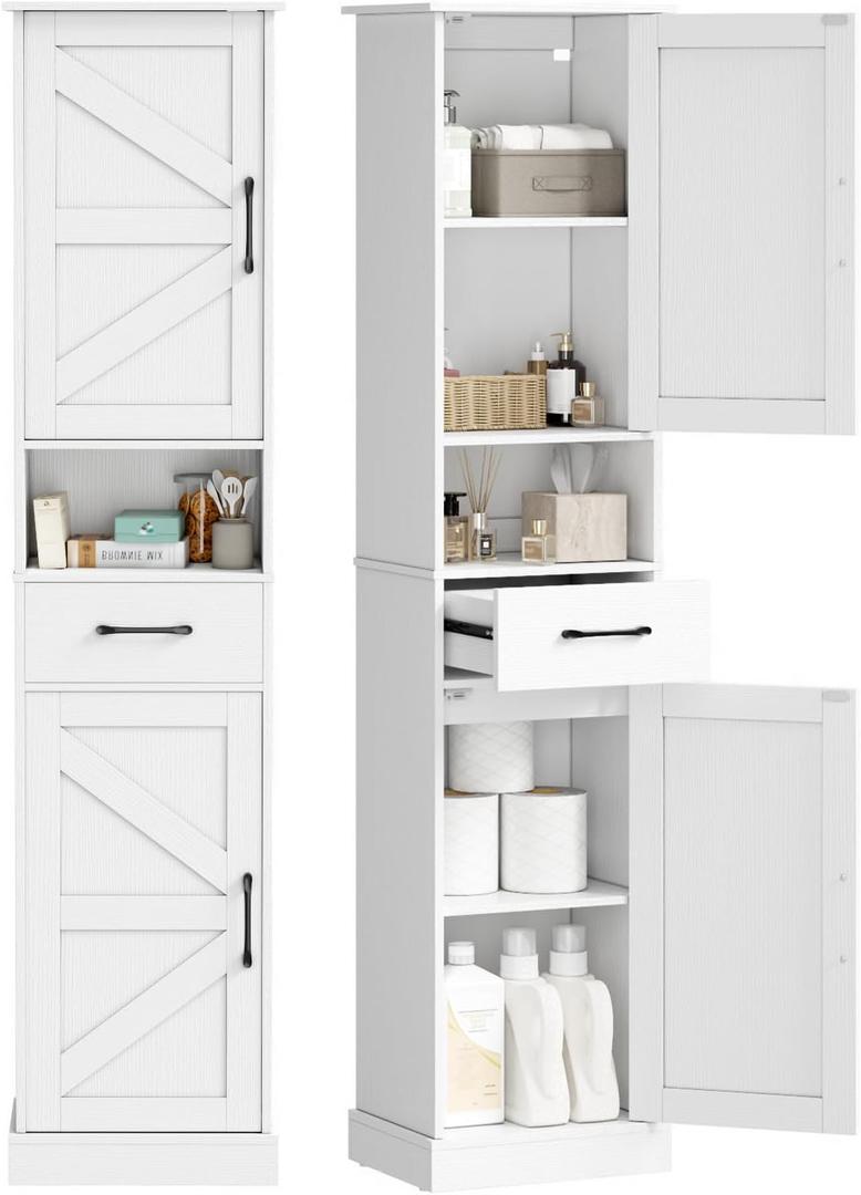 AURINEST 67" H Tall Bathroom Storage Cabinet with Drawer & 2 Barn Door, 15.7" W Narrow Tall Storage Cabinet with Adjustable Shelves for Bathroom, Living Room, Entryway, Kitchen, White