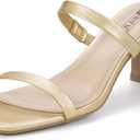 IDIFU IN3 Chunky Heels For Women Low Block Square Open Toe Heels Two Strap Slip On Comfortable Slides Heeled Sandals Sexy Wedding Prom Party Dress Shoes Cute Mule Short Heels (9, Gold Pu)