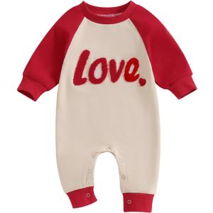 FYBITBO Infant Baby Boy Girl Clothing Bunny Embroidery Jumpsuit Long Sleeve Romper Newborn Easter Outfit One Piece Clothes, 0-3 Months, Red-My First Valentines Baby Outfit