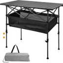 Folding Camping Table, Outdoor Roll-up Table Height Adjustable & Portable Metal Camp Grill Table for Picnic, BBQ, Party, Backyard, Beach, Mesh Storage and Carry Bag (Ash Black, 37.4'' Large)