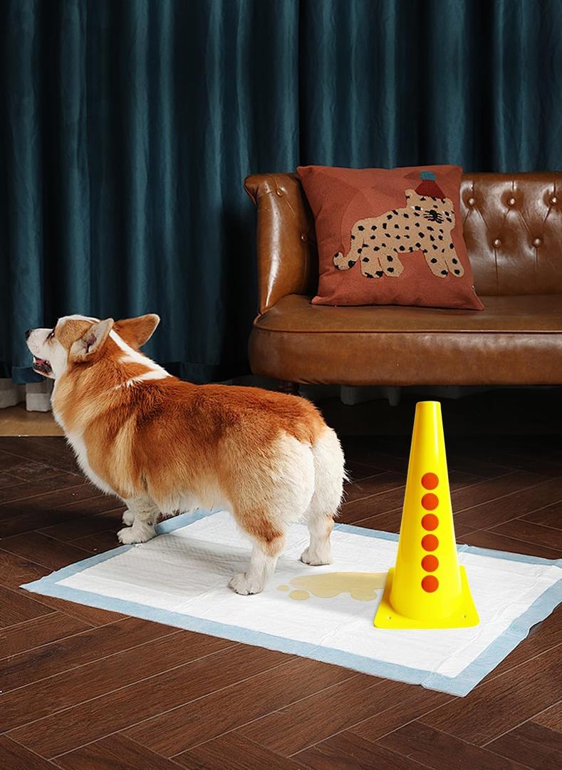 13" Tall Indoor Dog Pee Post with 6pcs Pet Guide Patch, Small Medium Large Dogs All Love to Pee on It, Used on Disposable Dog Pee Pads&Trays, Stable Easy to Clean Traffic Cone Shaped Pet Toilet Yellow