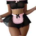 Sexy Stockings Mini Skirt Mesh Sheer Lace Halloween Costume Maid Outfit Lingerie with Thong Set 4 Piece (XL)