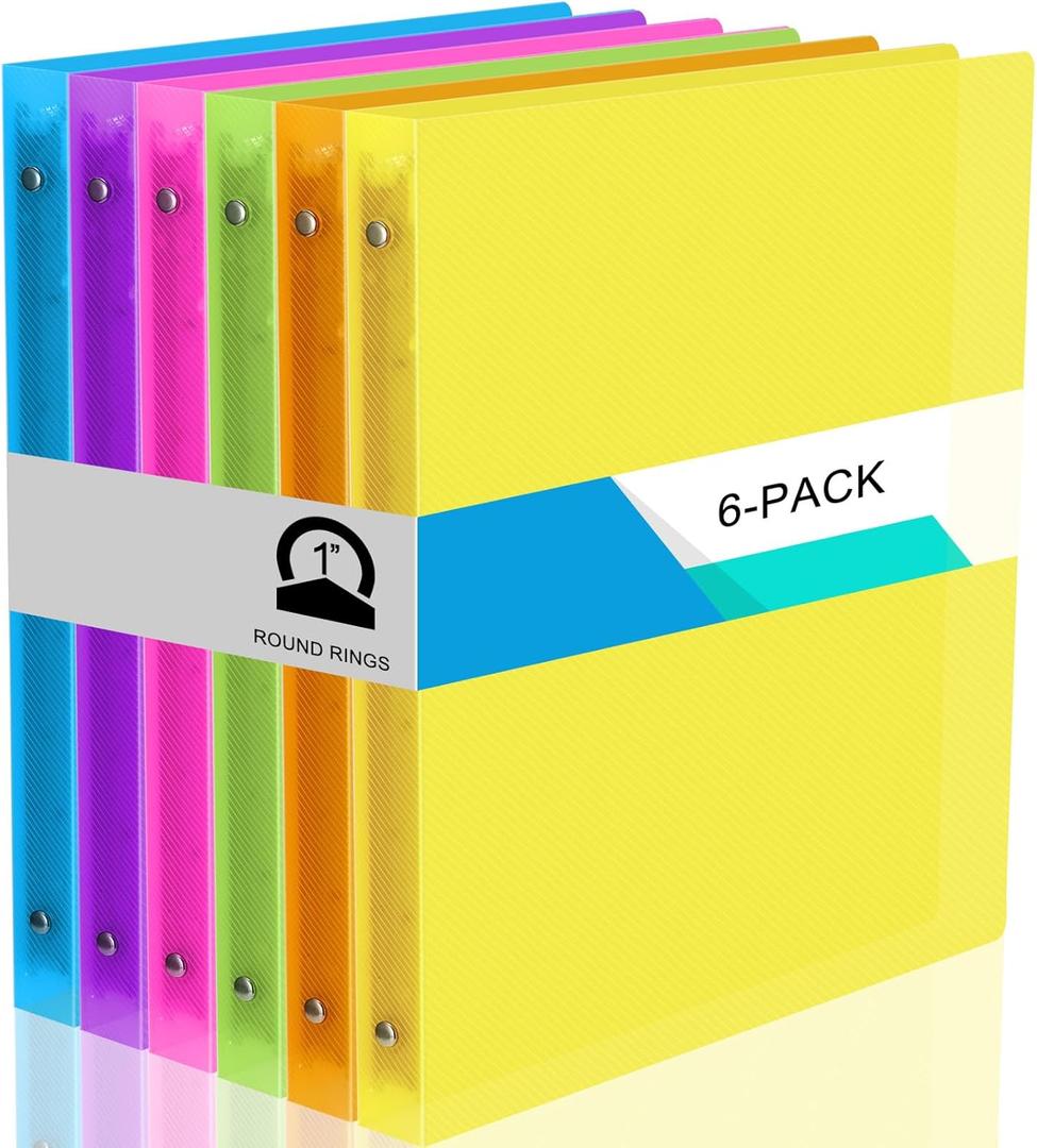 Fulmoon 6 Pack Plastic 3 Ring Binder Assorted Colors Economy Flexible Round Ring Presentation Binders with Pocket for Office School Meeting(1 Inch,Clear)