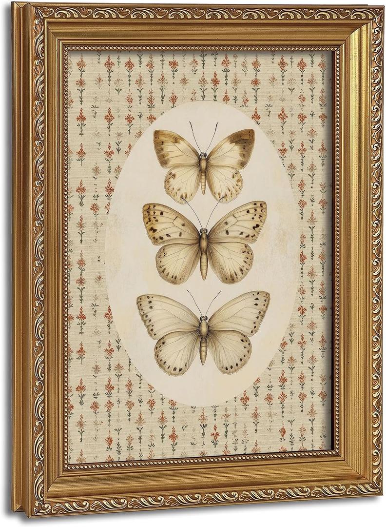 Vintage Gold Framed Wall Art for Living Room Retro Floral Butterfly Canvas Prints Home Decor Painting Picture Bedroom Wall Decor Gifts for Friends or Family 12x16in
