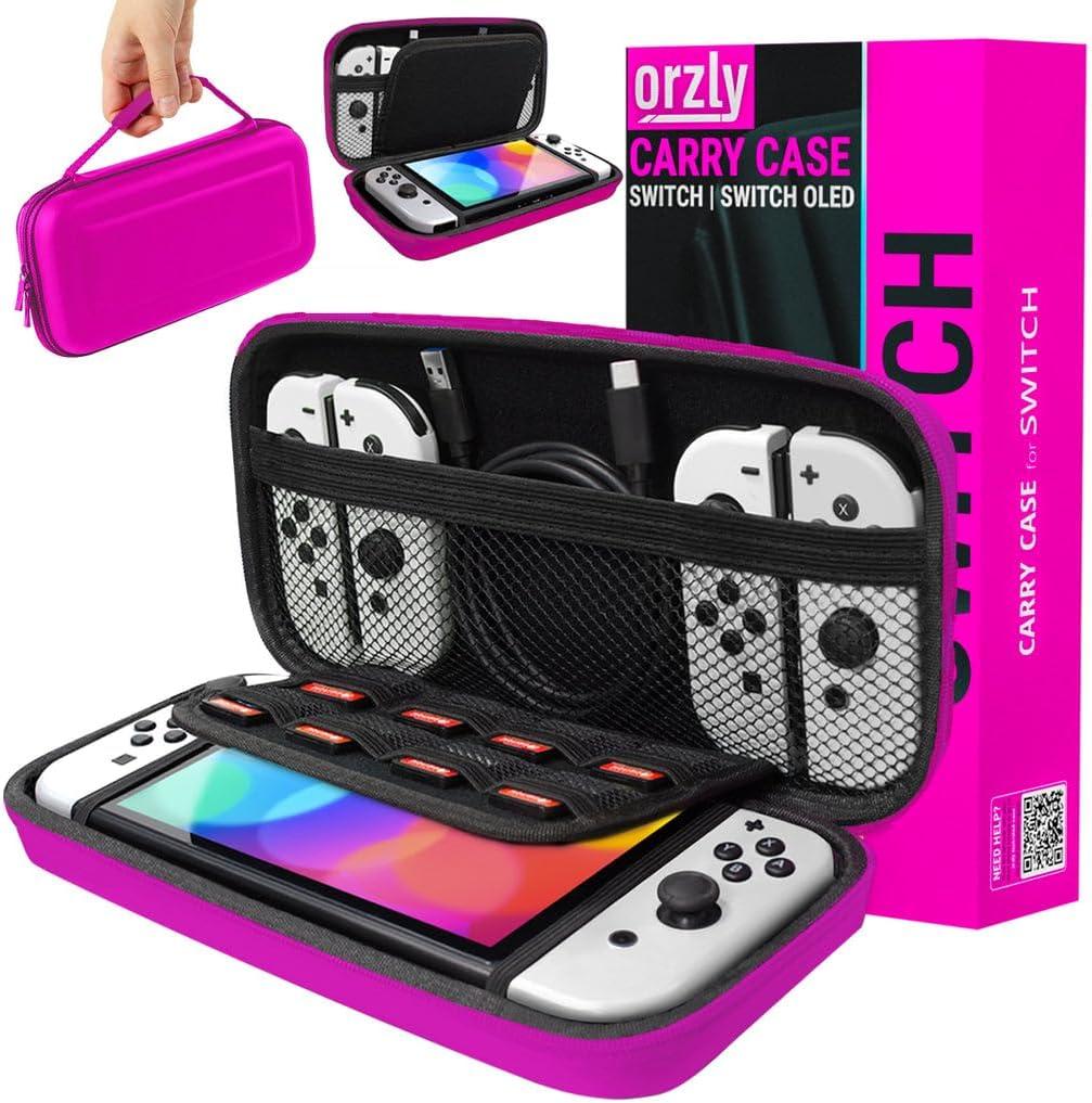 Orzly Carry Case Compatible with Nintendo Switch and New Switch OLED Console - Pink Protective Hard Portable Travel Carry Case Shell Pouch with Pockets for Accessories and Games