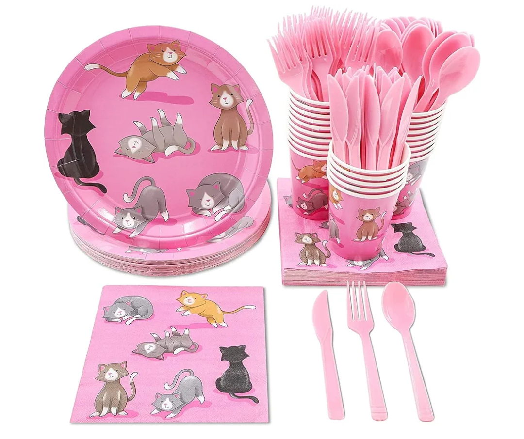 Cat Birthday Party Supplies, Paper Plates, Napkins, Cups and Plastic Cutlery (Serves 24, 144 Pieces)