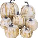 7 Pcs Assorted Sizes Fall Artificial Pumpkins Harvest Pumpkins Faux Foam Pumpkins for Fall Autumn Season Halloween Thanksgiving Harvest Holiday Season Festive Tabletop Decoration (Gold Brush White)