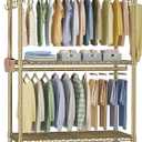 P1 Rolling Clothes Rack, Movable Metal Garment Closet Organizer with Lockable Wheels, Clothing Wardrobe with Double Hanger Rods and Hooks, 35.4" W x 15.7" D x 80.5" H, Load 450lbs, Gold