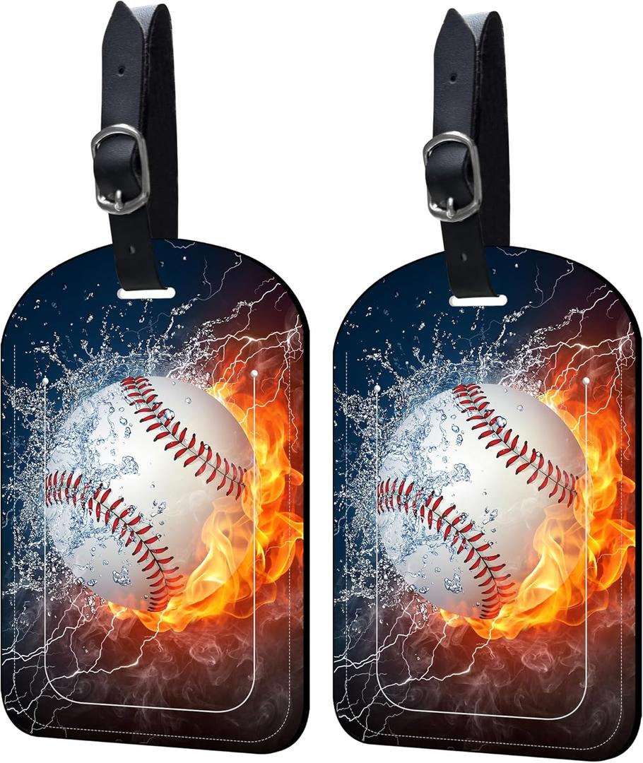 Luggage Tags for Suitcase 2 Pack Baseball Leather Luggage Tags with Name Tag Privacy Cover,Women Men Airport Cruise Luggage Travel Essentials