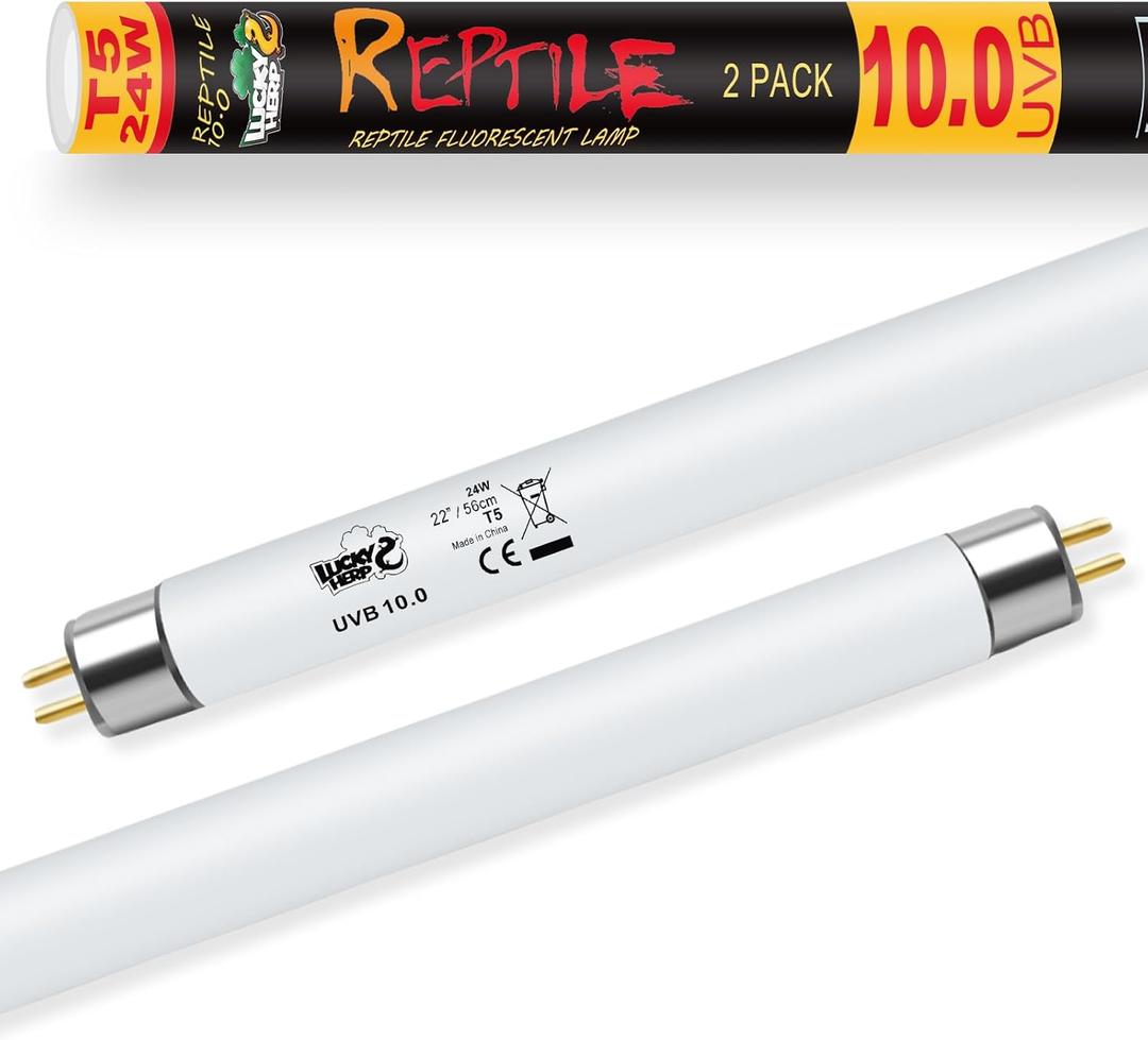 LUCKY HERP T5 UVB Reptile Light 2 Pack, 24W UVB 10.0 Reptile Light Bulb, UVA UVB Fluorescent Lamp Tube, UVB Lamp for Lizards, Turtles, Chameleons, Tortoises