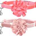 azuza 2 Pack Cat Collar Floral with Bell and Removable Flower Bowtie Breakaway Adjustable Velvet Fabric Cat Collar for Pets and Daily Decoration, Light Pink & Dark Pink (Neck: 8"-12")