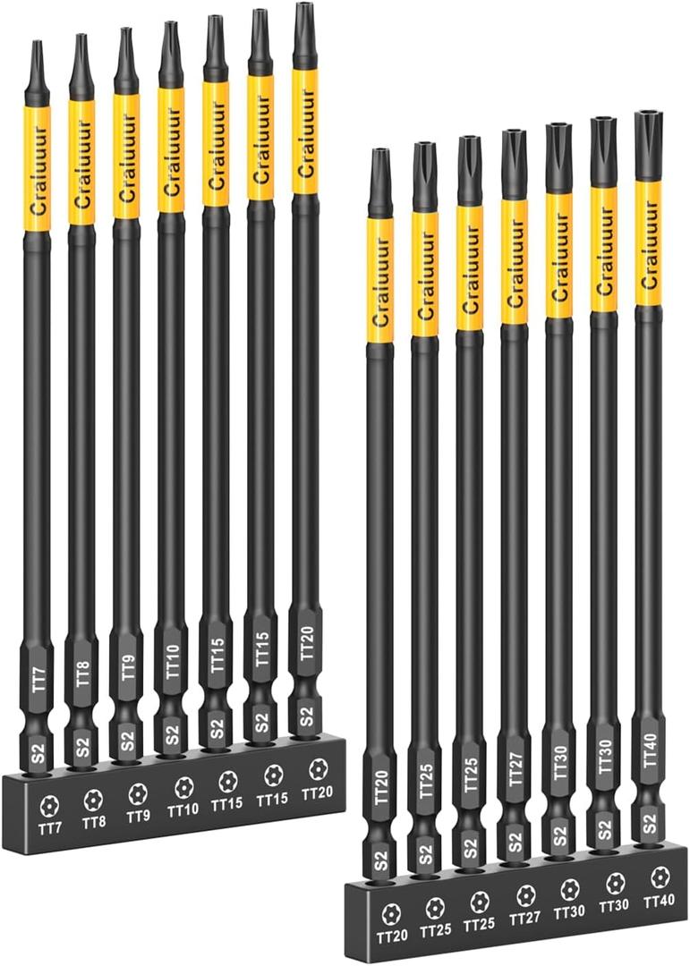 14PCS Impact Long Torx Bit Set, 6-Inch, T7T40, Tamper Proof Star Bits Set, Magnetic Security Torx Bit Set with 1/4 Inch Hex Shank, S2 Steel, Ideal for Automotive, DIY, Electronics