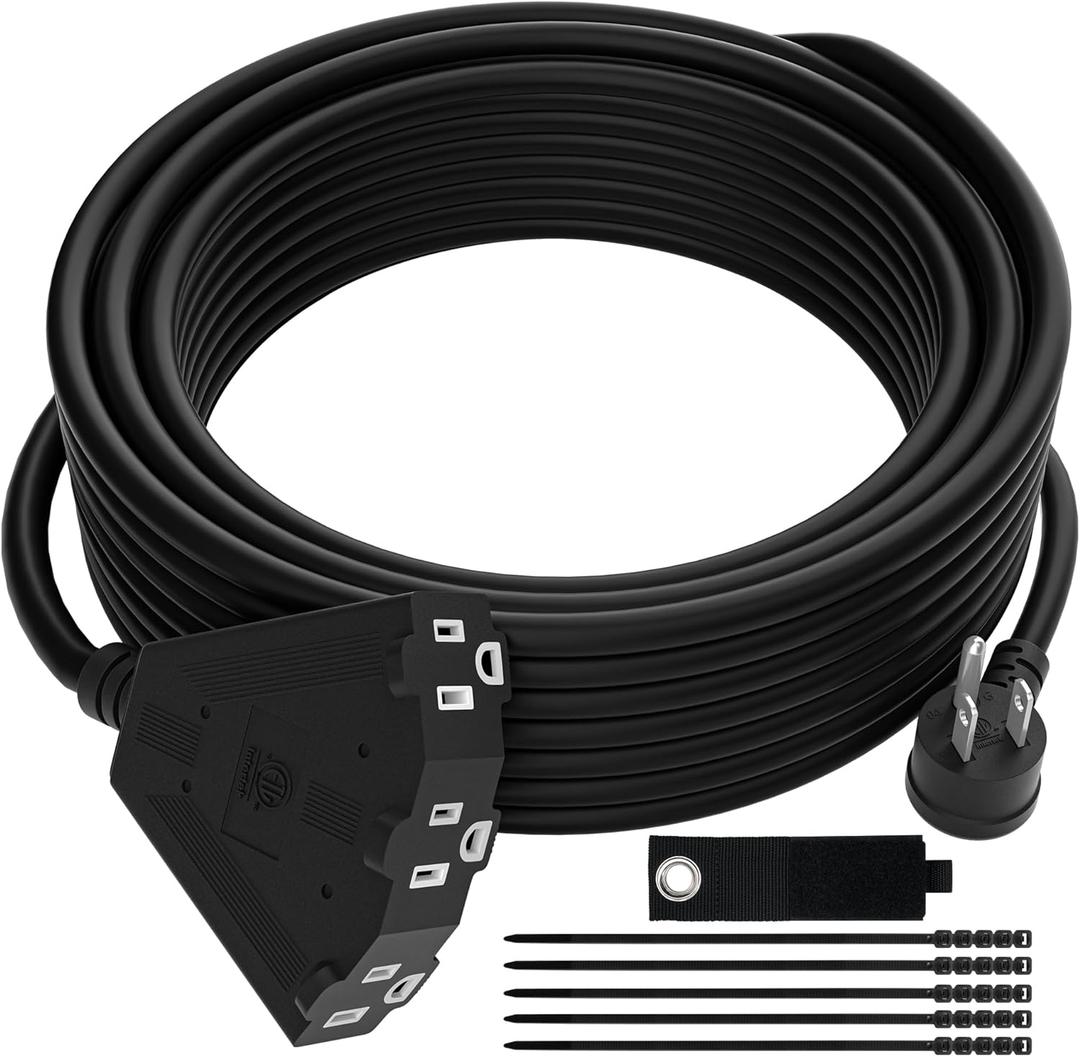 14/3 Gauge Heavy Duty Outdoor Extension Cord 15 FT, 90 Degree Angled 3 Prong Plug, 14 Gauge Power Cable with 3 Outlets, 14AWG, 15A, 125V, 1875W, ETL Listed, Black Wire, with Free Carrying Strap+Ties