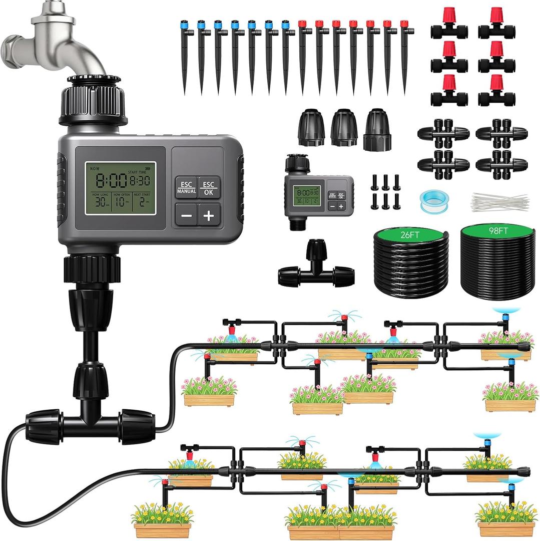 124FT Drip Irrigation System with LCD Timer, Automatic Watering System Kits,1/2 Inch Hose 1/4 Inch Distribution Tubing 3 Sprayer Types, for Garden, Greenhouse, Garden, Lawn
