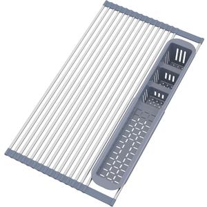 BBXTYLY Expandable Roll Up Dish Drying Rack,Over The Sink Drying Rack Kitchen Sink Accessories Rolling up Stainless Steel Drainer, Foldable with Removable Utensil Holder(Gray Expandable Width Size)