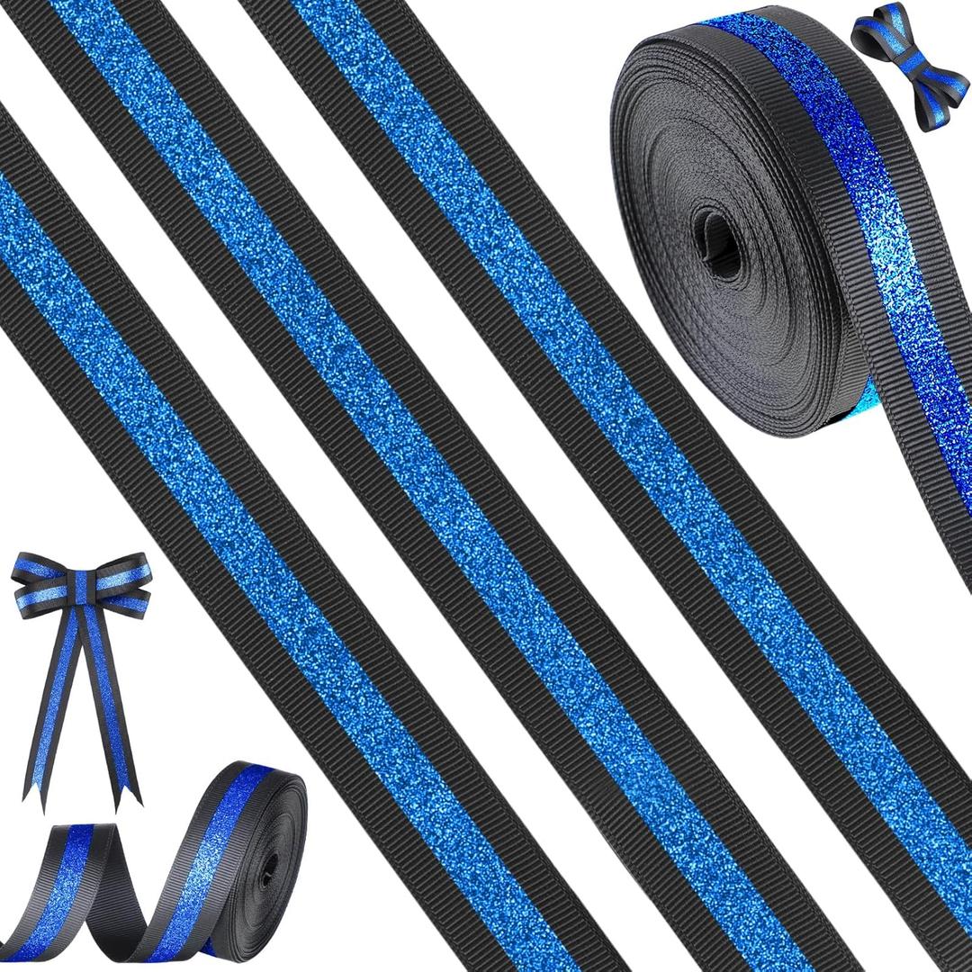 Tegeme 10 Yards 7/8 Inch Christmas Ribbon Glitter Blue and Black Ribbon Metallic Roll Polyester Craft for Xmas Tree Wreath DIY Gift Wrapping Hair Bows Wedding Birthday Party Supplies