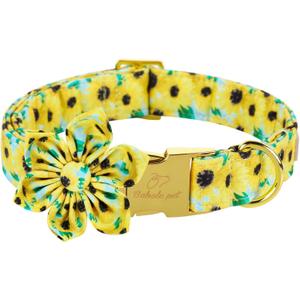 Babole Pet Dog Collar with Yellow Sunflower Flower Tie, Cotton Dog Collar with Safety Metal Buckle Adjustable Puppy Collars for Small Medium Large Boy&Girl Dog, X-Large, Neck 16"-26"