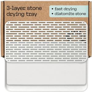 Deepstone 3Layer Stone Dish Drying Mat for Kitchen Counter  Diatomaceous Earth Quick Dry Mat with Removable Plastic Topper and NonSlip Base Pad, 16 x 9 in (White)