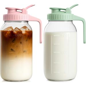 2 Pack - 64oz Glass Breast Milk Pitcher with Lid & Spout, Leakproof Mason Jar Breastmilk Pitcher - Wide Mouth, Airtight 2 Quart Water Jug for Milk Storage, Breastmilk, Sun Tea, Iced Coffee, Juice (Green & Pink)