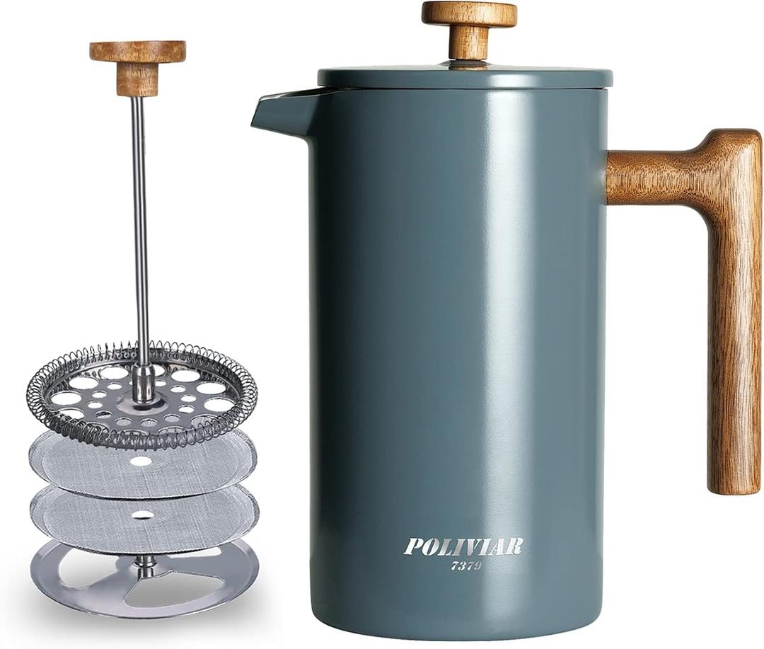 POLIVIAR French Press Coffee Maker, 34 oz Coffee Press with Real Wood Handle, Double Wall Insulation & Dual-Filter Screen, Food Grade Stainless Steel for Good Coffee and Tea (Alpline) (Blue)