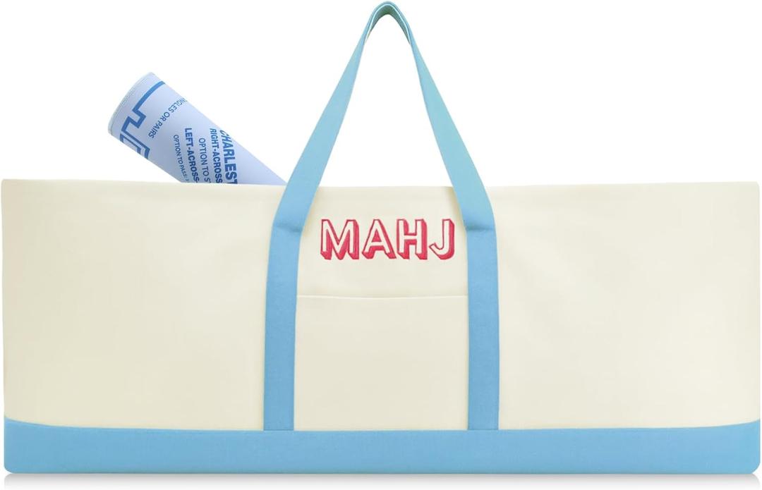 Mahjong Bag for Tiles and Racks Empty American Mahjong Tiles Carrying Tote 31.5 x 12 x 4 Inches Canvas Tile Games Accessories Gifts for Card Pushers Rack Mat Carrying (Case Only) (Blue)