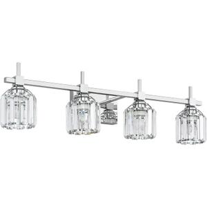 SOLFART Crystal 4 Lights Bathroom Lights Over Mirror Bathroom Lighting Fixtures Over Mirror Chrome Vanity Light Fixture Bathroom Vanity Light 4T CH (Gloss Chrome+Clear Crystal Shade)