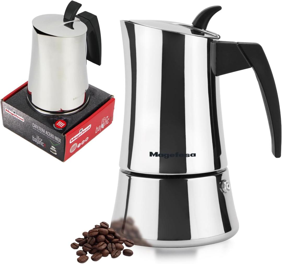 Magefesa Balance 6Cup Stainless Steel Espresso Moka Pot – Classic Italian Coffee Maker with Bakelite Handle & Knob – Greca Coffee Maker Compatible with All Types of Stovetops including Induction