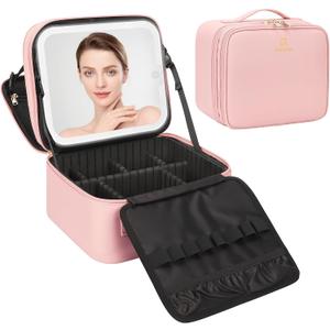 Relavel Makeup Bag with LED Mirror, Small Travel Makeup Case with Rechargeable Lighted Mirror 3 Color Lights, Double Layer Cosmetic Box Makeup Brush Lipstick Holder Organizer for Women, Pink