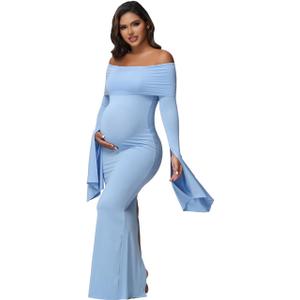 JustVH Women's Maternity Long Sleeve Off Shoulder Pregnancy Photography Dress for Baby Shower Photoshoot Party (Medium, Blue)