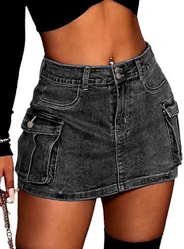 ELLEVEN High Stretchy Denim Cargo Skort for Women, High Waist, Casual Mini Y2K Jean Skirt Shorts with Pockets Size XL