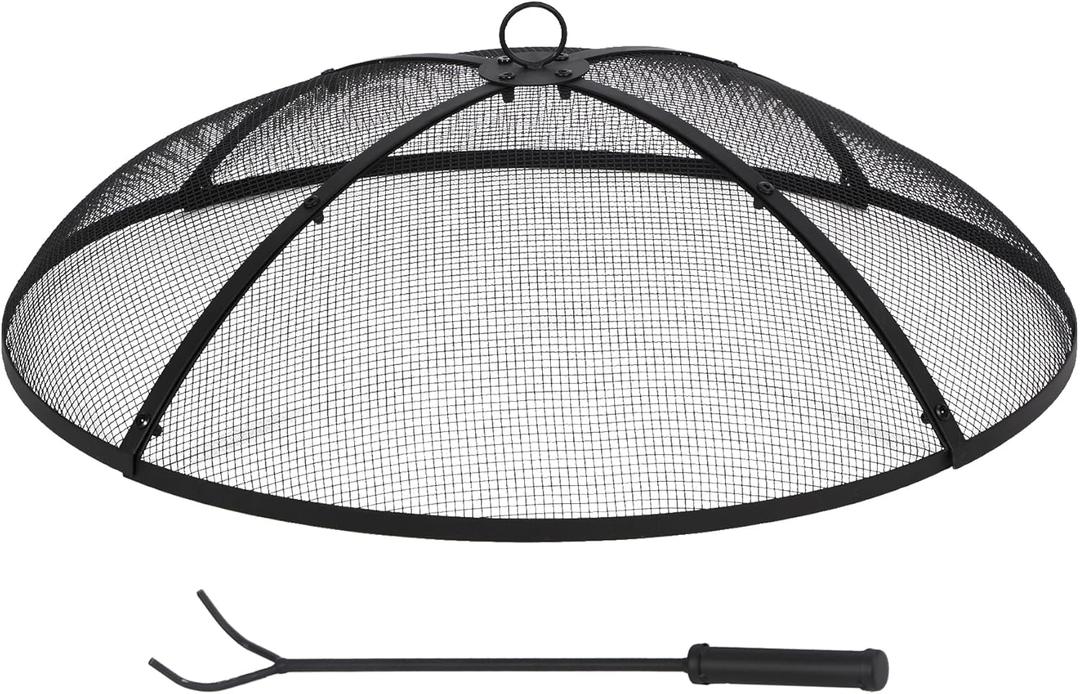 Lineslife Fire Pit Spark Screen, Fire Pit Screen 30 Inch Round with Handle & Poker, Heavy Duty Collapsible Outdoor Fire Pit Mesh Screens, Metal Firepit Lid for Patio Backyard Beach RV Camping, Black