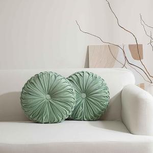 HIG Set of 2 Sage Velvet Decorative Round Pleated Throw Pillows | Vintage Floor Pillows, Classy Accent Pumpkin with Center Button, for Sofa Couch Vanity Chair Bed, 14.5" Diameter