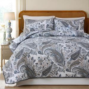 100% Cotton Quilt Sets Queen Grey Paisley Bedding Sets 3 Pcs Reversible Coverlet Bedspread Paisley Floral Bedspread for All Season, Lightweight, Ultra Soft